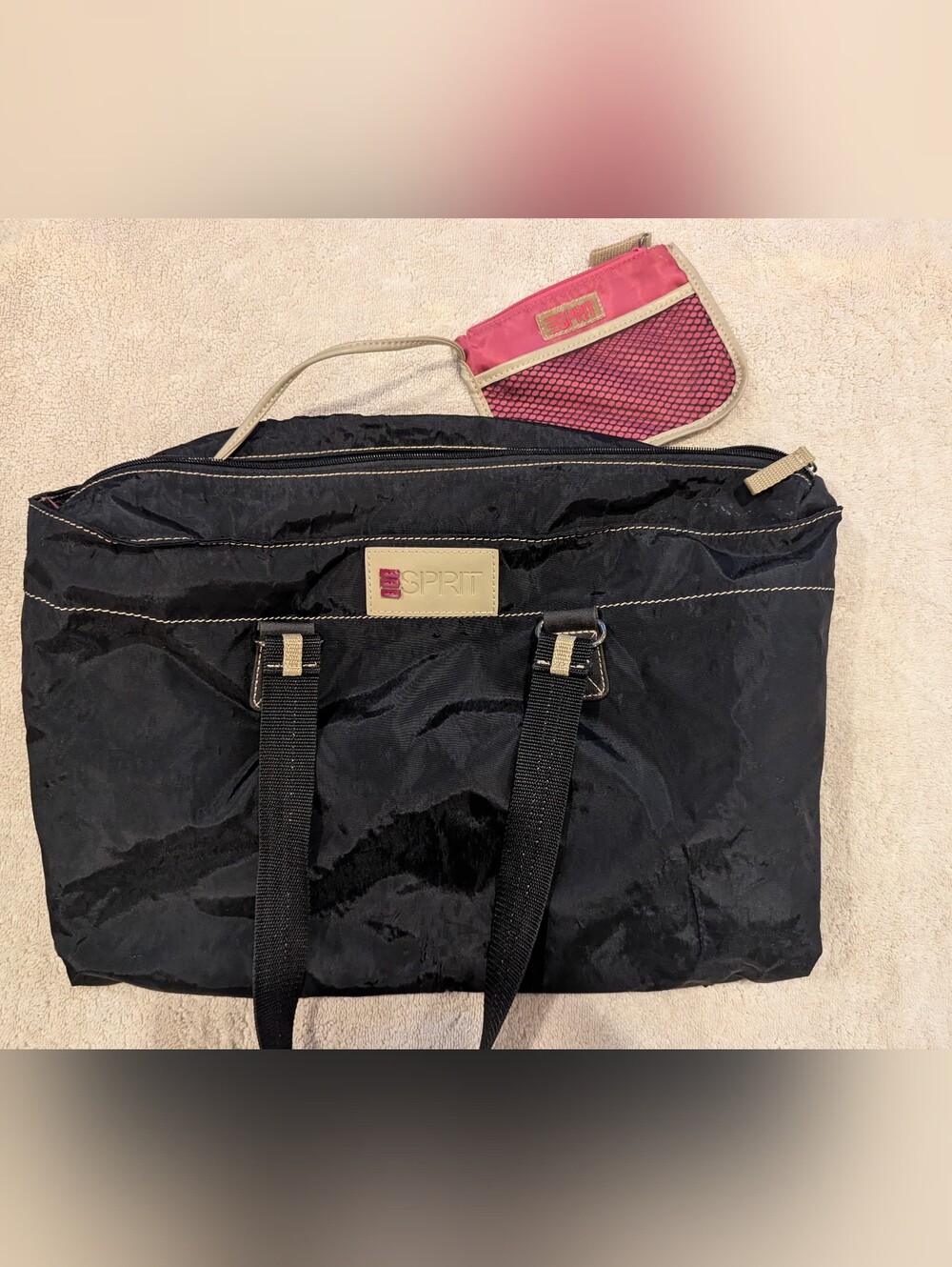 $30 Vintage ESPRIT Nylon Tote Bag W/ Matching Pouch Black Pink